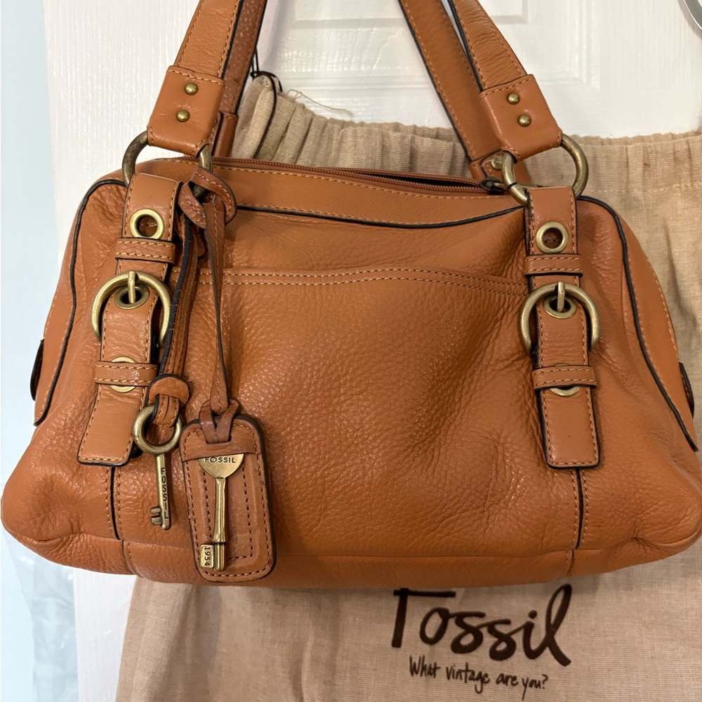 Fossil Tan Leather Satchel with Metal Accents